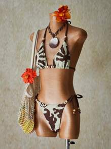 SHEIN ICON 2 件夏季外出泳衣海滩波西米亚风夏威夷女式印花比基尼套装，夏季时尚