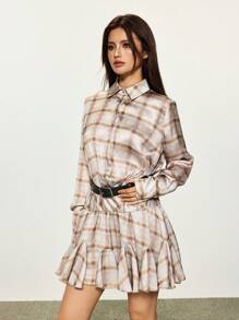 INAWLY Robe chemise à manches longues à carreaux avec un seul rang de boutons et volants à l'ourlet pour femmes - Kaki - Voir 1