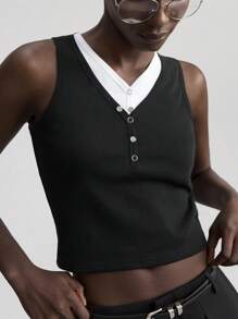 Ontre 2025 Spring & Summer Women's Sleeveless Solid Color Minimalist Fashion Suit For Business, Casual, Daily Commute, Black Color Cropped Top, Stitching Top Tank Top, Black And White Stitching Top - Black and White - View 4