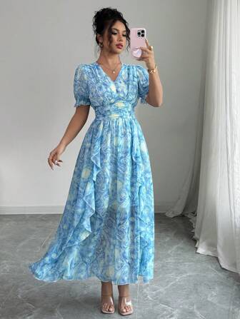 Rafferiza Vestido elegante con escote en V, mangas abultadas, estampado vintage de cielo estrellado y volantes en el bajo, para primavera/verano