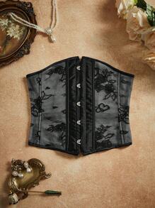 PinupGlam Cinturón de corsé de satén con cordón, encaje transparente y floral en estilo retro palaciego, color negro, para mujer