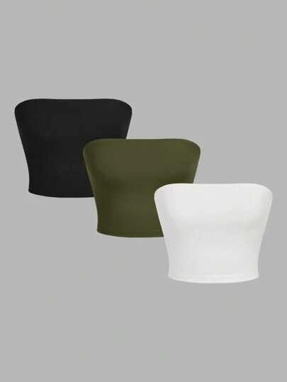 SHEIN EZwear 3pcs Black, White, Army Green Women Seamless Cropped Camisole Tops, Casual And Suitable For Summer Tube Top