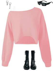 SHEIN Wildeya Tween Girls' Fashionable Asymmetrical Shoulder Long Sleeve Pink T-Shirt, Casual Street Wear