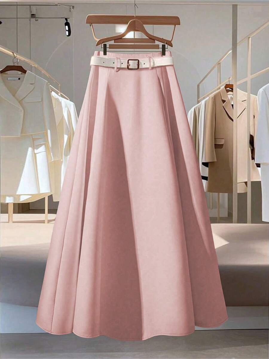 Franclia Women's Elegant High Waist Pleated Solid A-Line Skirt - Pink - View 1