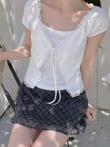 DAZY 女士休闲蕾丝夏季优雅短袖T恤 - 白色 - 查看 11