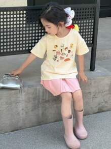 DAZY Set de 2 piezas para niñas con camiseta de punto de manga corta y cuello redondo estampada y falda de verano