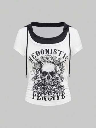 Grunge Punk Vintage Y2K Concert, Punk Skull Print 2-In-1 Contrast Color Women Tight Fitting Short Sleeve T-Shirt