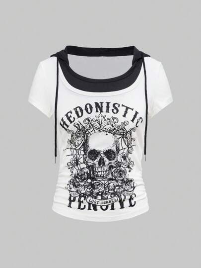 ROMWE Grunge Punk 复古 Y2K 演唱会，朋克骷髅印花二合一撞色女式紧身短袖 T 恤