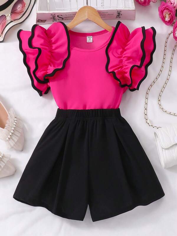 2pcs/Set Big Girls' Sleeveless Ruffle Trim Top And Solid Color Shorts, Elegant Summer Outfit