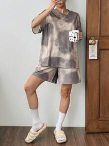 DAZY Tie-Dye Print T-Shirt And Shorts Lounge Set, Women Casual Loungewear ,Vacation