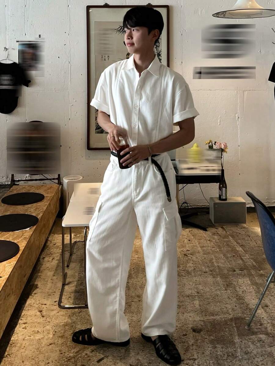 DAZY Men's Solid White Shirt Set, Spring/Summer - White - View 1