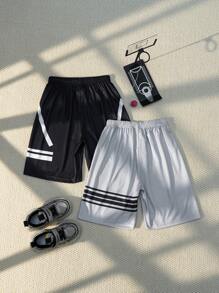 SHEIN 2 件男童黑白条纹印花轻质网眼面料短裤，夏季 - 黑色 - 查看 2