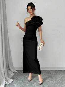 Rafferiza Women's Oblique Shoulder Ruched Fitted Sheath Dress, Elegant & Stylish - Black - View 4