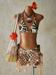 SHEIN ICON 2 件夏季外出泳衣海滩波西米亚风夏威夷女式印花比基尼套装，夏季时尚