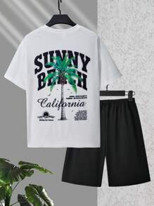 SHEIN 2pcs/Set Teenager Boys' Vacation Casual Palm Tree Graphic Round Neck T-Shirt And Sports Shorts Set