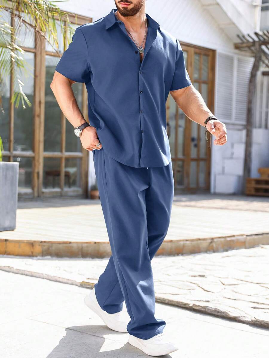 Manfinity Homme Set de 2 piezas, camisa de manga corta y pantalón largo lisos para hombre de talla grande