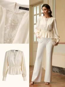 ZEYLAH 女士网眼珠绣花拼布衬衫 - 杏色 - 查看 1