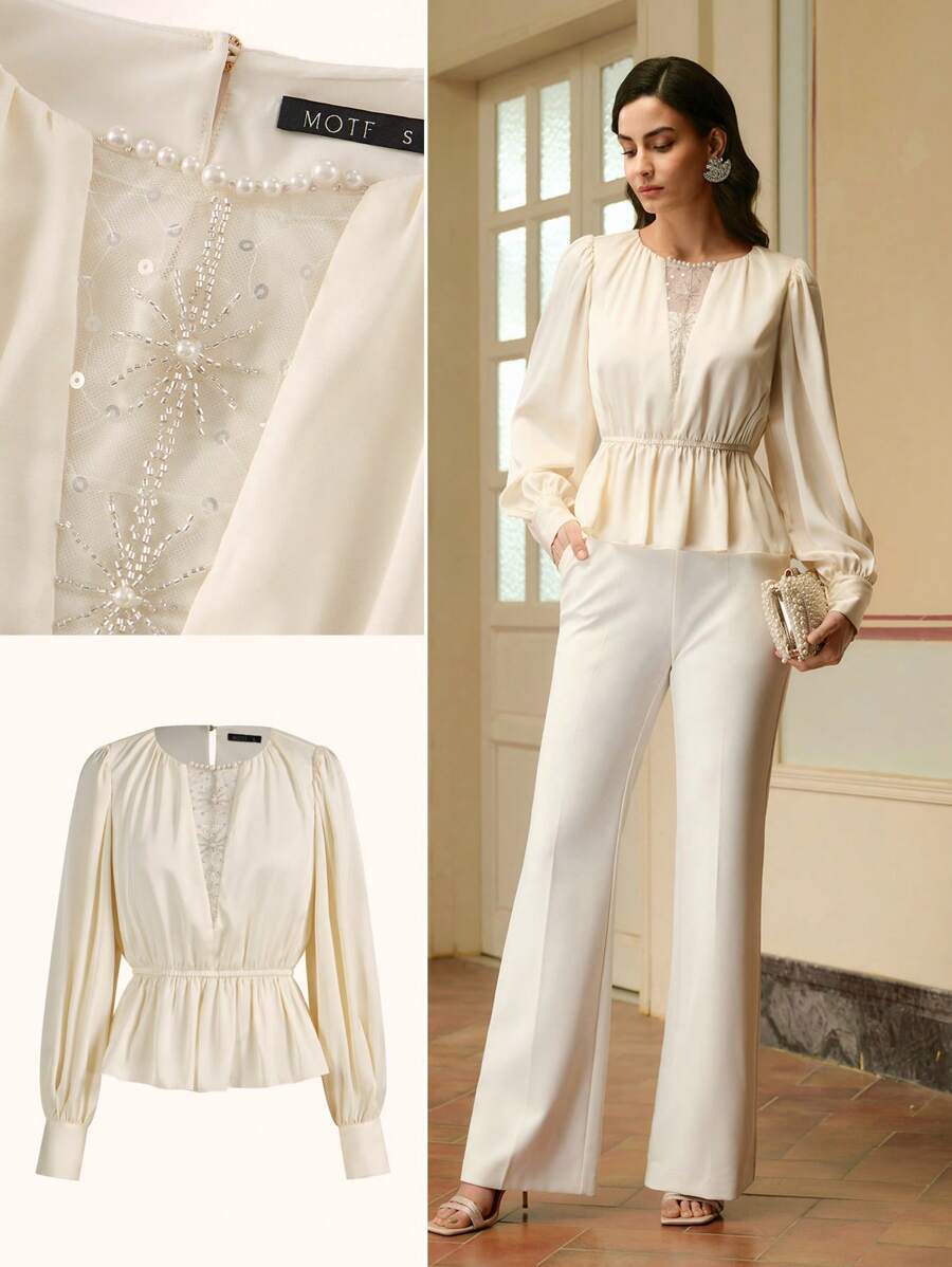 ZEYLAH 女士网眼珠绣花拼布衬衫 - 杏色 - 查看 1