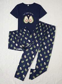 3pcs Set Teen Girl Cute Avocado Print Pajama Set Including Long Pants, Shorts And Short Sleeve Top - Navy Blue - View 3