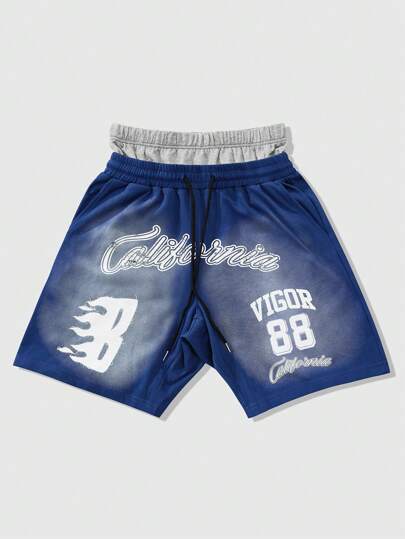 Prep Shorts para hombres de estilo callejero estadounidense con doble cintura, estampado de caballos y gráficos de letras, color blanco, con cordón elástico