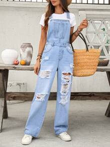 SHEIN Essnce بناطيل ذات قطع مرتفع وقفطان جينز متعدد الاستخدامات للسيدات للارتداء اليومي - أزرق فاتح - مشاهدة 1