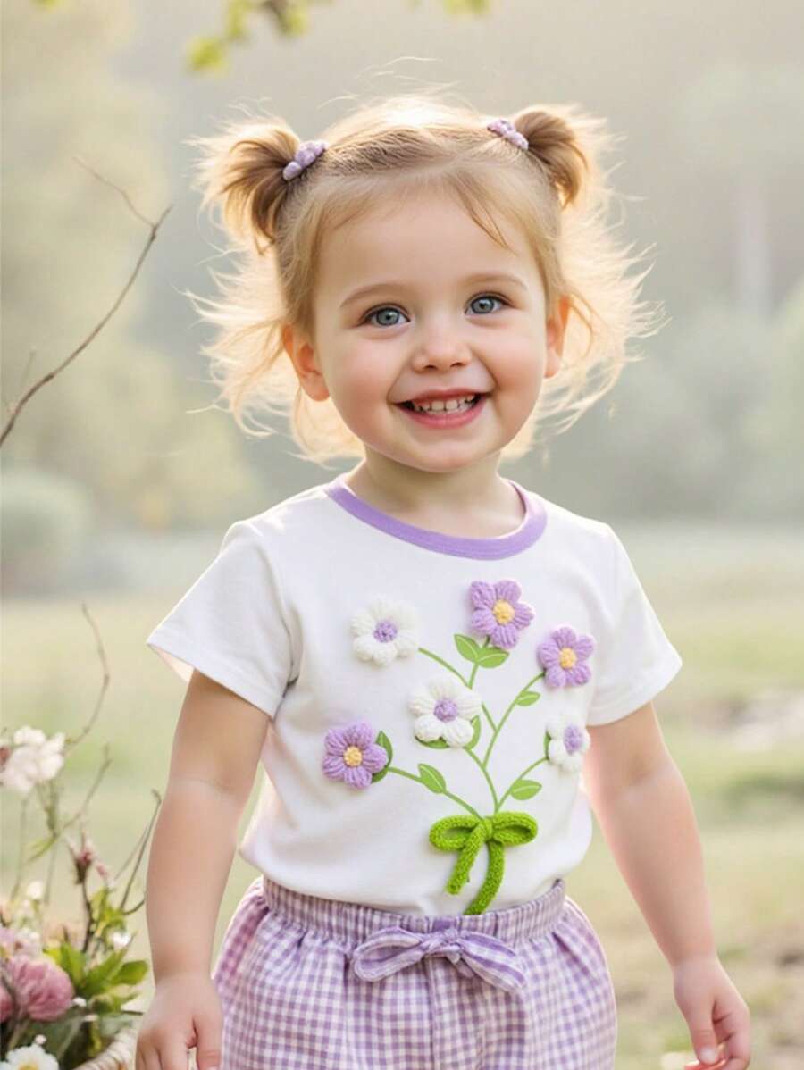 Cozy Pixies Bebê menina 3D floral malha macia gola redonda manga curta casual pullover top - Roxa - Ver 1