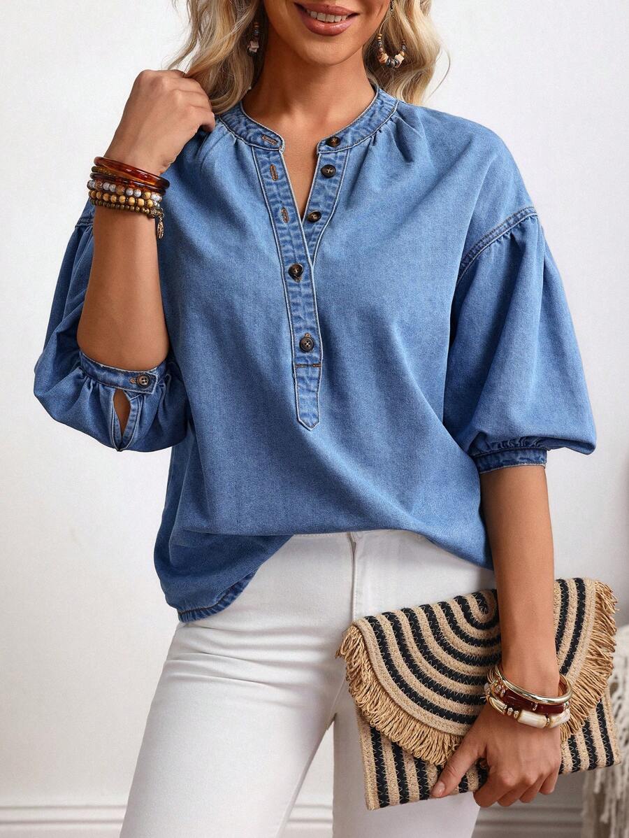 EMERY ROSE Women's Button Up V-Neck Dropped Shoulder Casual Denim Top - Blue - View 1