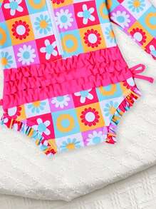 SHEIN 新生女婴可爱花卉印花荷叶边长袖连体泳衣带泳帽，适合夏季海滩度假 - 彩色 - 查看 5