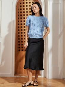Dazy-Less Top tricoté élégant à manches courtes avec décorations à franges, style décontracté chic, pour l'été, pour les enseignantes - Bleu azur - Voir 3