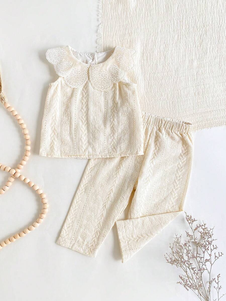 SHEIN 2pcs Baby Girl Infant/Toddler 0-3 Years Spring/Summer Casual Sweet Floral Embroidered Lapel Sleeveless Vest Shirt And Pants Cotton Suit Sets - Apricot - View 1