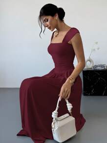 Firerie Valentine's Day New Square Collar Cap Sleeve Waist Ruched Bowknot Long Dress, Elegant Daily Casual Dress, Apricot Color A-Line Summer Spring Outfits Festival Outfits Elegant Business Casual Vacation - Burgundy - View 5