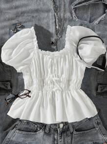 SHEIN Explorewe Tween Girl Front Bow And Shirred Waist Ruffle Hem Shirt