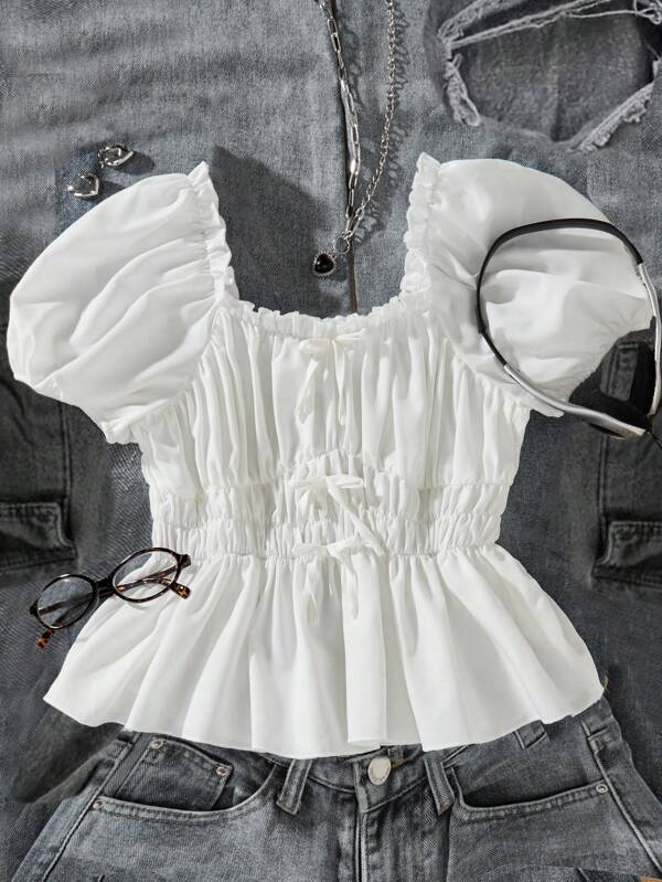 SHEIN Tween Girl Front Bow And Shirred Waist Ruffle Hem Shirt
