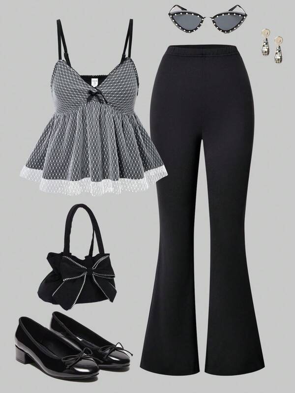 2pcs/Set Teen GirlFashion Double-Layer Mesh Camisole And Casual Long Pants Set