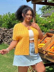 SHEIN EZwear Women's Plus Size Knitted Fabric Top, Casual Short Sleeve Round Neck Button Front Semi-Sheer Cable Knit Top In Yellow - Yellow - View 4