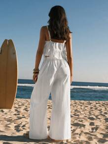 Easelle 2 pezzi/Set Donna Canotta senza schienale annodata e pantaloni lunghi tinta unita, Outfit casual vacanza Ibiza