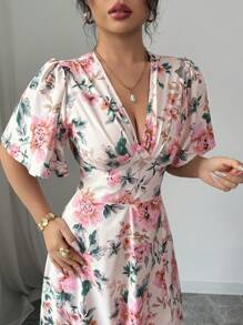 Rafferiza Vestido largo de flores con cuello en V, mangas con volantes y abertura, elegante, para primavera/verano - Multicolor - Ver 4