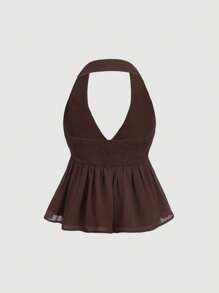 SHEIN MOD Women's Brown V-Neck Babydoll Pullover Top, Halter Top - Mocha Brown - View 2