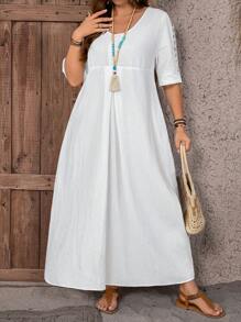 EMERY ROSE Vestido largo de encaje blanco con parches para mujer talla grande para vacaciones de verano con bolsillos
