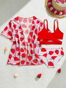 Conjunto de ropa de baño para niña que incluye: Cárdigan de manga corta, Camisola de unicolor y Traje de baño triangular con estampado floral - Multicolor - Ver 1