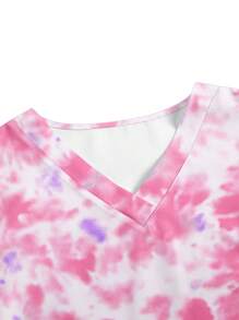 Tie-Dye Print V-Neck Short Sleeve Pocket /Nursing Scrub Uniform Top - Pink - View 7