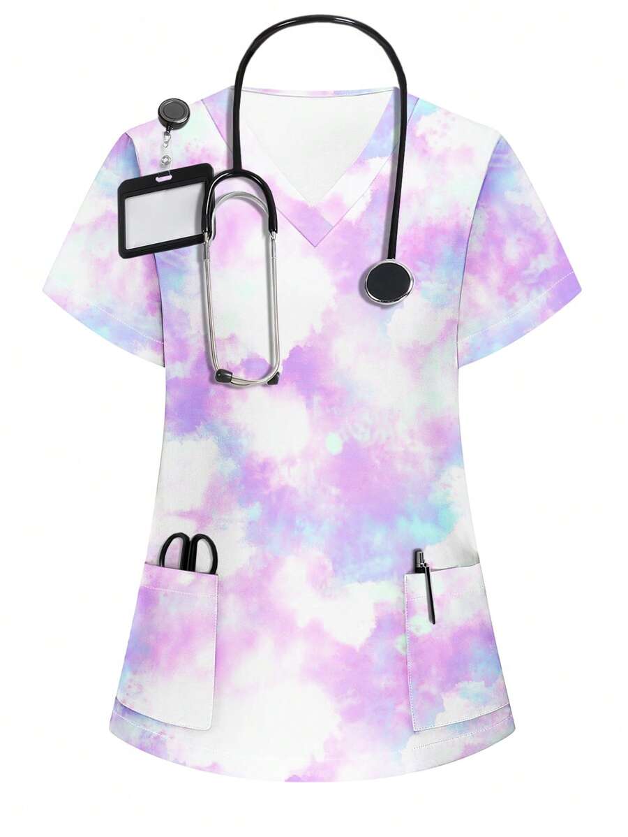 Fashionable Summer Healthcare Scrub Uniform Top - Purple - View 1