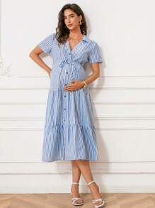 MaterniWear Đầm sọc xanh cổ áo sơ mi bà bầu có nút trang trí - Xanh và trắng - Xem 4
