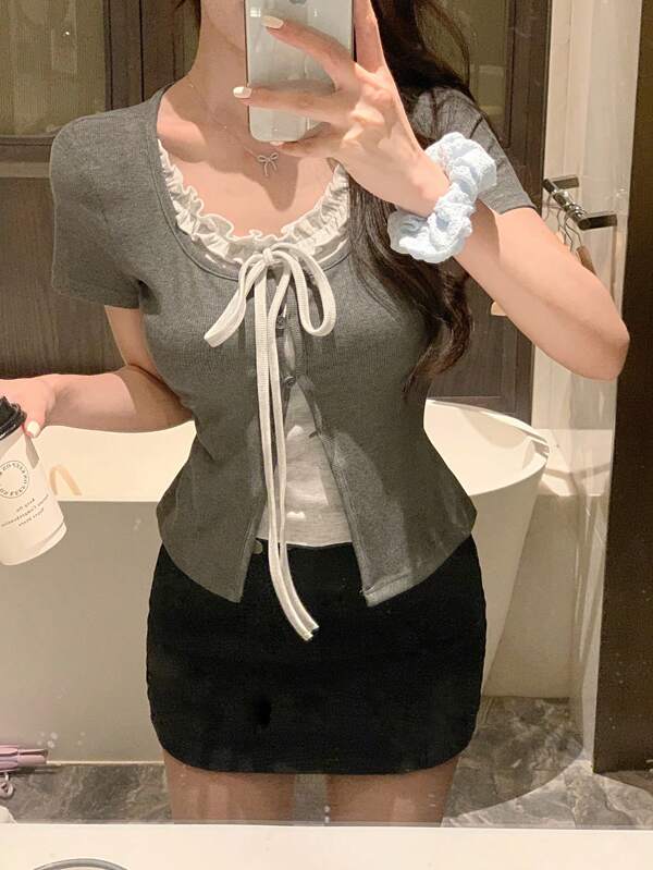 DAZY 女式夏季仿两件套荷叶边蝴蝶结短袖T恤
