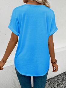 SHEIN LUNE 夏季休闲纯色蝙蝠袖T恤 - 藍色 - 查看 2