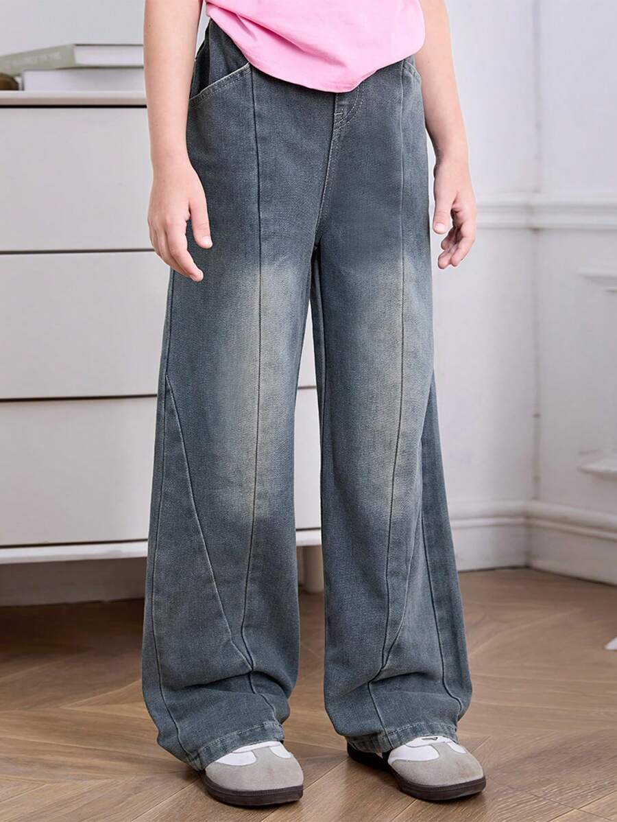Tween Girls Light Wash Loose Straight-Leg Jeans With Split Line Stitching Design, Simple Fashionable And Versatile Casual Wear - Light Wash - View 1