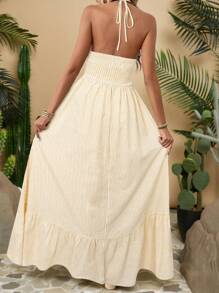 Travachic Vestido de verano casual de mujer con cuello de halter, volante en el bajo y rayas