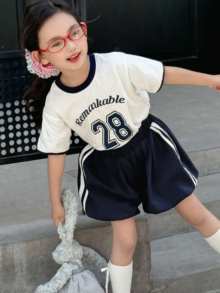2pcs/Set Young Girl Summer Casual Letter Print T-Shirt And Stripe Shorts