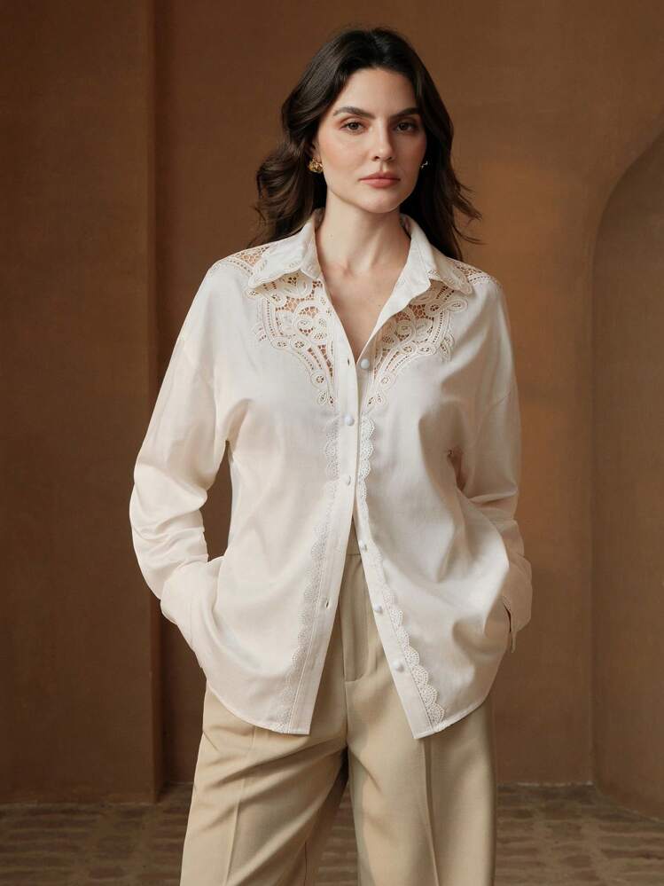 Anewsta 女式新款宽松蕾丝拼接优雅长袖白色衬衫上衣，春夏 - 白色 - 查看 3