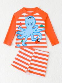 SHEIN 2pcs/Set Baby Boys' Swim Outfit, Cute Cartoon Shark Print Color Block Long Sleeve Knit Top & Swimming Trunks, Swimwear Set - Multicolor - View 7